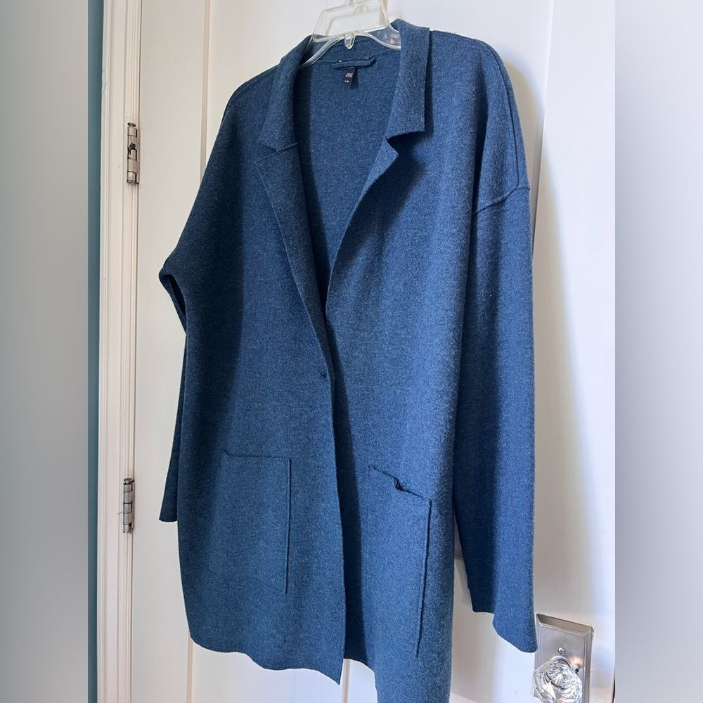Eileen Fisher Merino Wool Double Knit Notch Collar Deep Blue Sweater Cardigan L - Picture 3 of 10